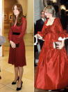 <p>Kate's take on a red dress was a simple V-neck, cinched-waist <span>Whistles</span> number. When Diana chose the hue in 1982, she went big and bold, sporting a voluminous David Sassoon gown with bell sleeves and a portrait neckline. <strong>Get Kate's Look!</strong> Shoshanna Silk Sheer Sleeve Dress, $360; <span>neimanmarcus.com</span></p>