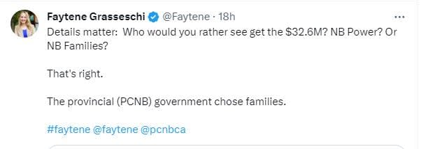 Prominent PC candidate Faytene Grasseschi told followers that the Higgs government "chose families" when it slowed down NB Power's application for new rates.