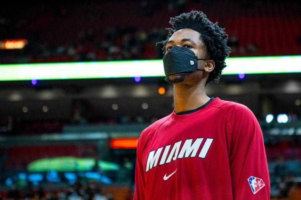 Miami Heat forward KZ Okpala (11) as seen from the sidelines during the second half of an NBA preseason game against the Charlotte Hornets at FTX Arena in Miami, Florida, on Monday, October 11, 2021.
