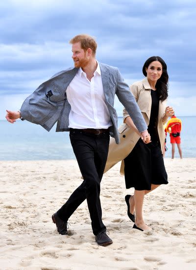 melbourne, australia   october 18  no uk sales for 28 days prince harry, duke of sussex and meghan, duchess of sussex visit south melbourne beach october 18, 2018 in melbourne, australia the duke and duchess of sussex are on their official 16 day autumn tour visiting cities in australia, fiji, tonga and new zealand  photo by poolsamir husseinwireimage