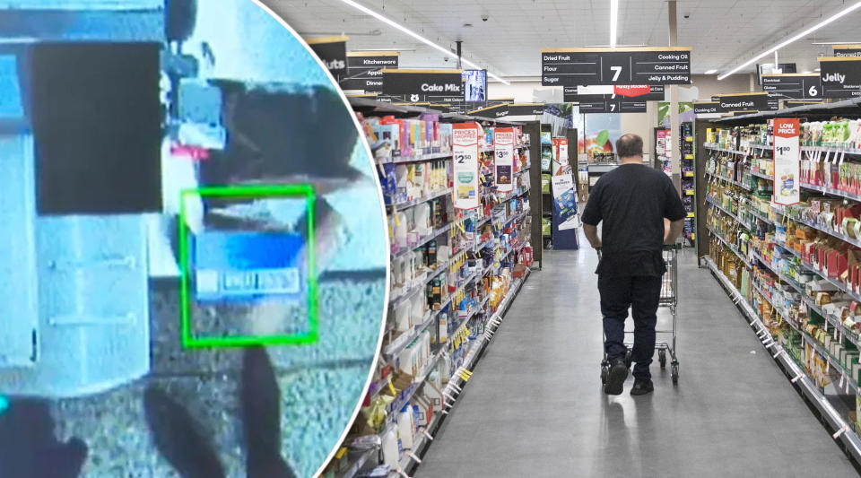 An inset of surveillance footage from Woolworths and a shopper walking down an aisle. 