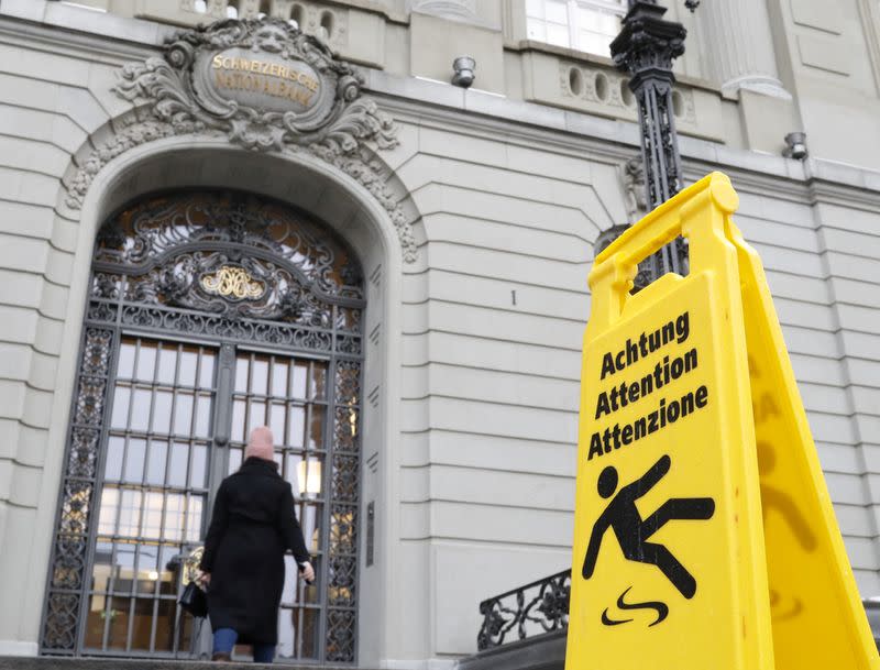 FILE PHOTO: A sign is placed in front of the Swiss National Bank in Bern