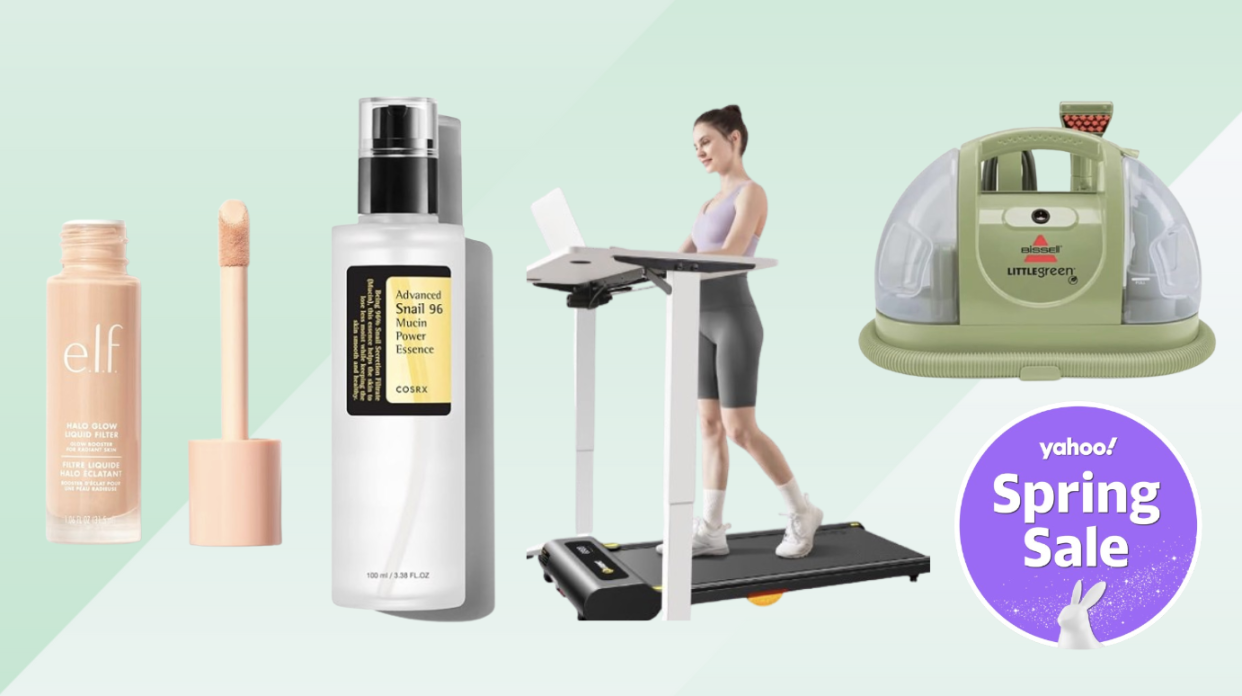 A bottle of skin care, a carpet cleaner, a small treadmill and a face highlighter on a yellow background with an Amazon Spring Sale badge.