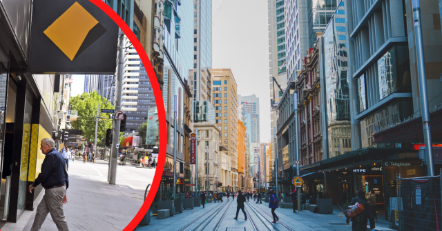 Sydney George Street and a man entering a CBA branch