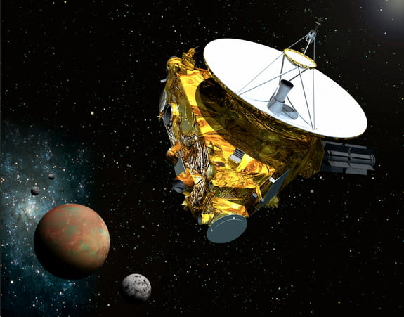 An artist's concept of the New Horizon's spacecraft with Pluto and three of its five moons.