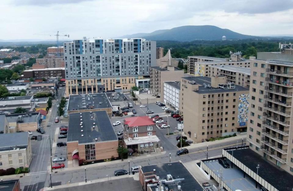 An aerial look at some of the high rises of downtown State College on Wednesday, July 27, 2022. Abby Drey/adrey@centredaily.com