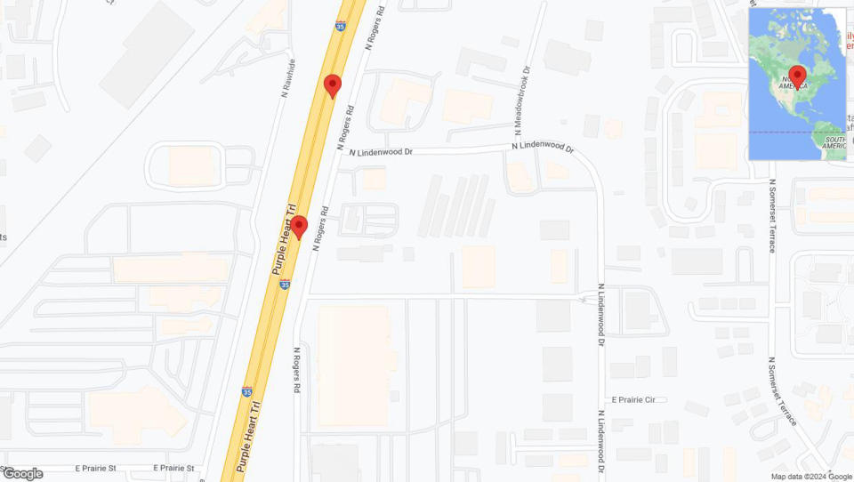 A detailed map that shows the affected road due to 'Broken down vehicle on eastbound I-35 in Olathe' on January 4th at 2:18 p.m.