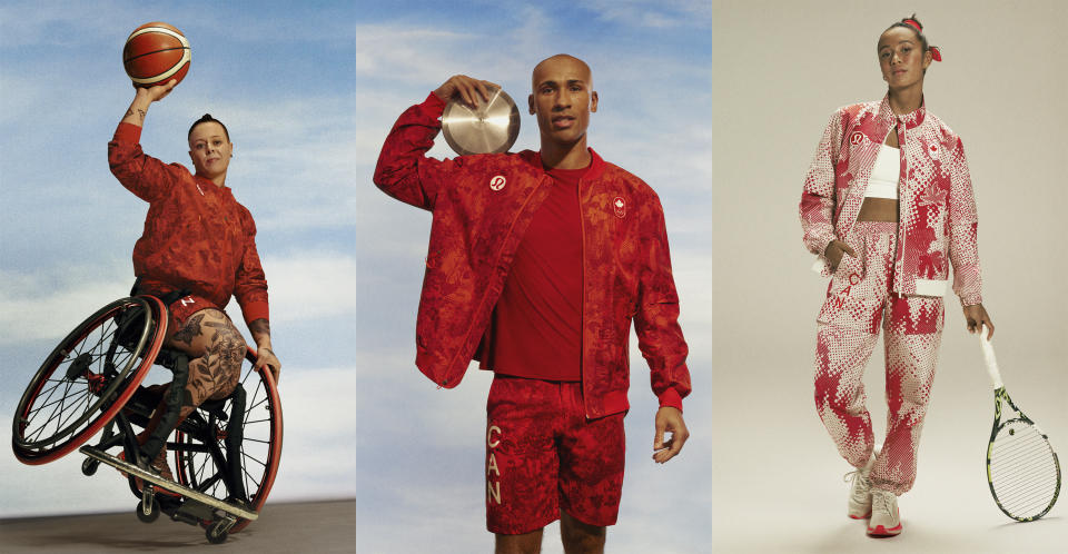 En esta imagen proporcionada por Lululemon, los atletas olímpicos canadienses, de izquierda a derecha, Cindy Ouellet, Damian Warner y Leylah Fernandez. (Lululemon vía AP)