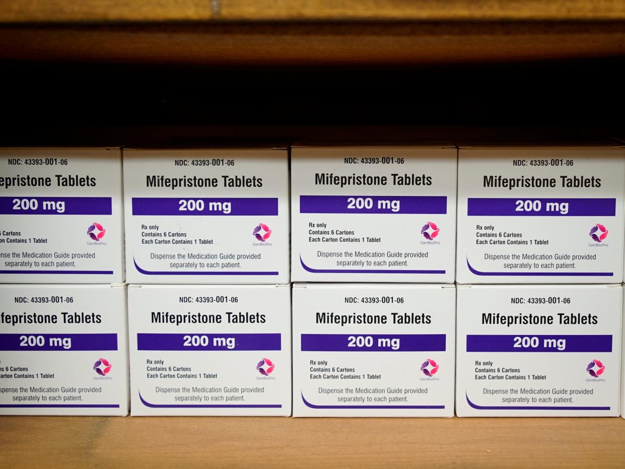 Boxes of the drug mifepristone line a shelf at the West Alabama Women's Center in Tuscaloosa, Ala., on Wednesday, March 16, 2022.