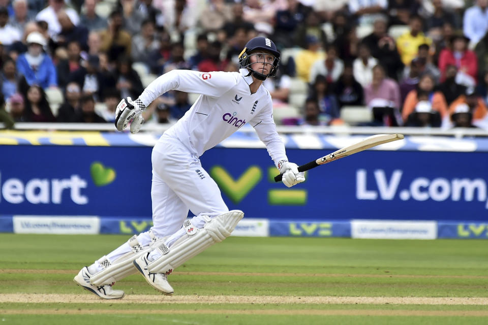 England's Zak Crawley runs to score after playing a shot during the fourth day of the fifth cricket test match between England and India at Edgbaston in Birmingham, England, Monday, July 4, 2022. (AP Photo/Rui Vieira)