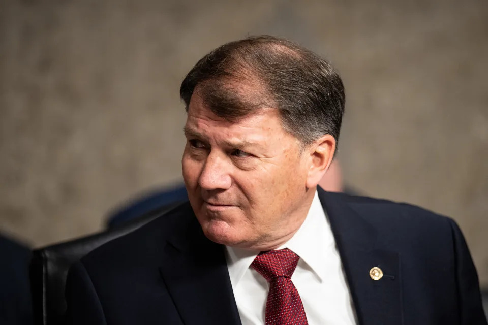 WASHINGTON - MARCH 7: Sen. Mike Rounds, R-S. Dak., takes his seat for the Senate Armed Services Committee hearing to examine the posture of United States Special Operations Command and United States Cyber Command in the Dirksen Senate Office Building on Tuesday, March 7, 2023. (Bill Clark/CQ-Roll Call, Inc via Getty Images)