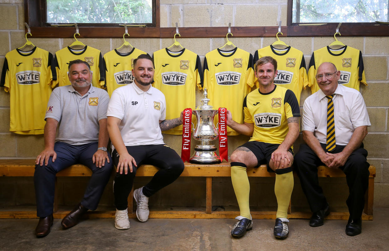 Cheese room: Cheddar chairman Matt Postins, manager Shaun Potter, captain Craig Mawford and president Donald White