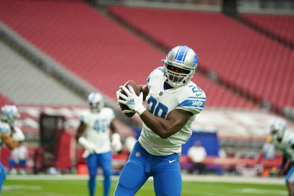 Detroit Lions running back Adrian Peterson (28) catching a ball during a NFL football game against the Arizona Cardinals on Sunday, Sept. 27, 2020 in Glendale, AZ. The Lions defeated the Cardinals 26-23. (Detroit Lions via AP).