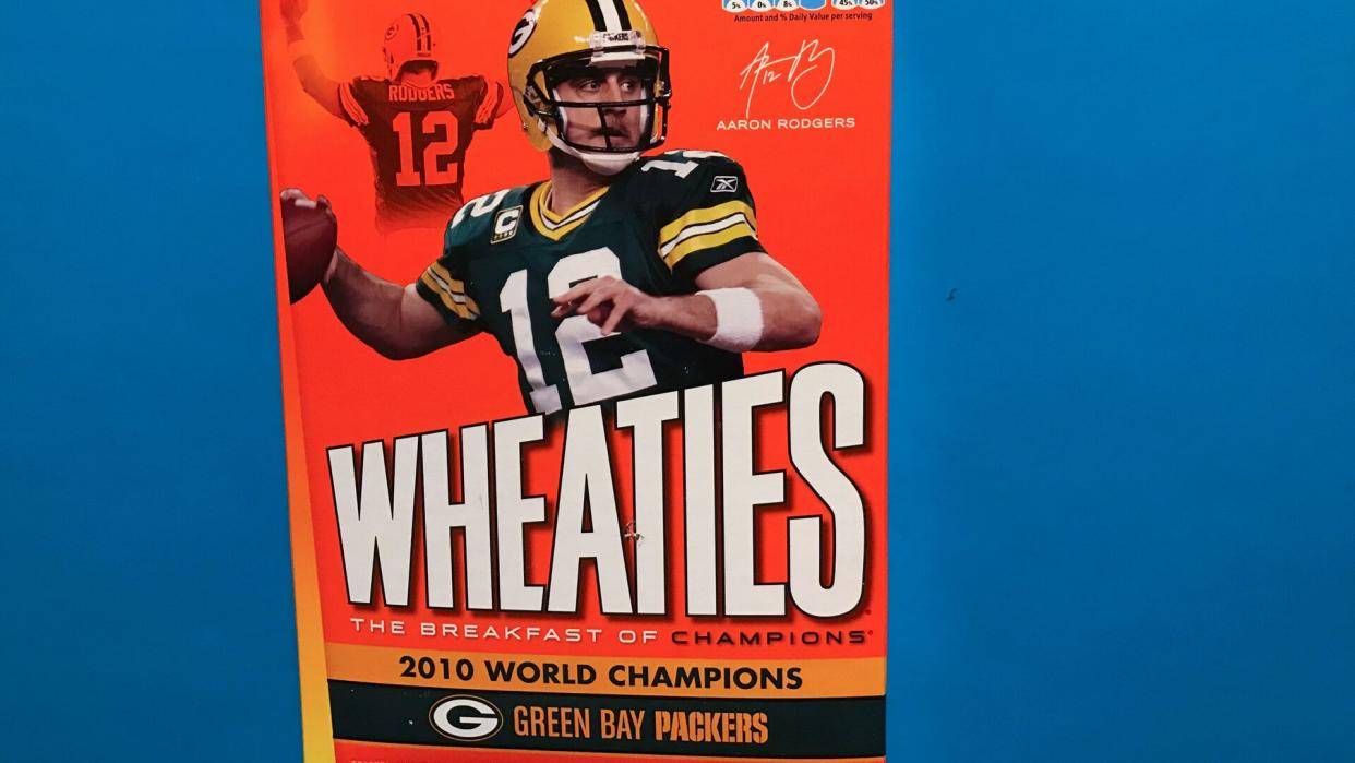 Edina, MN/USA-February 27, 2018: Wheaties cereal box featuring Green Bay Packers quarterback Aaron Rodgers commemorating the 2010 World Champion Packers team.