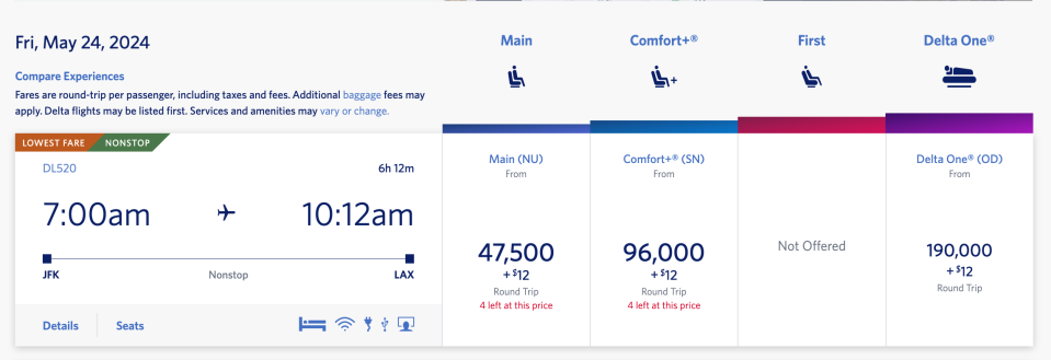 Screenshot of miles cost for Delta Air Lines from New York to Los Angeles for Memorial Day