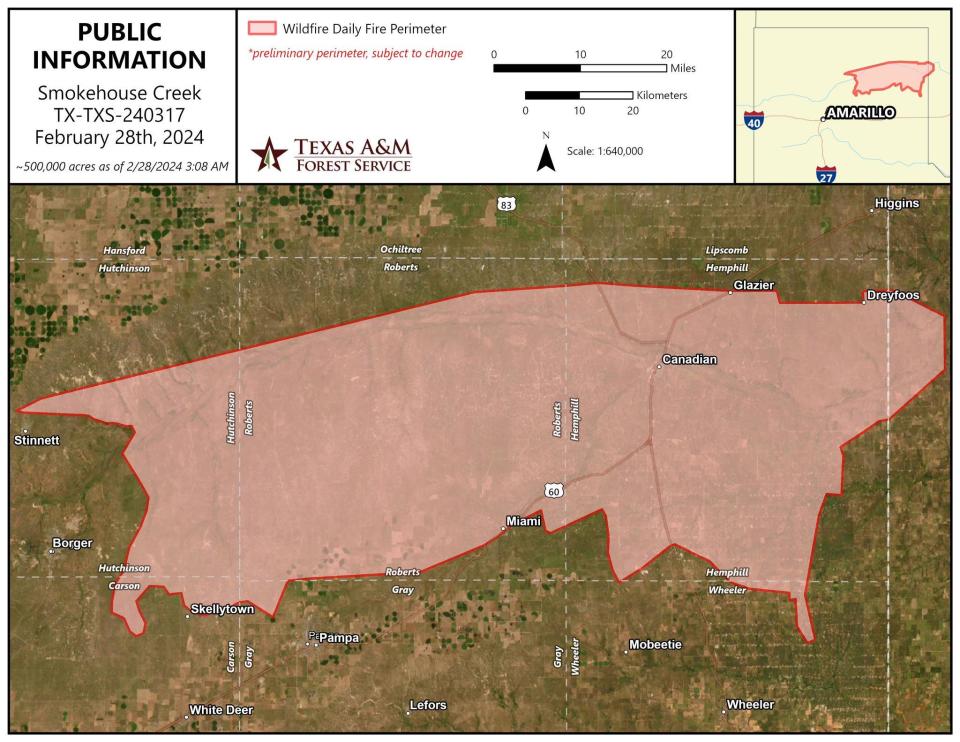 Public information map of the Smokehouse Creek Fire showing an estimated 500,000 acres as of Feb. 28, 2024. This is a preliminary perimeter and subject to change. / Credit: Texas A&M Forest Service/Facebook