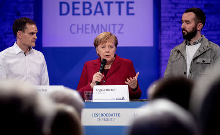 German Chancellor Angela Merkel attends the meeting with readers of 'Freie Presse' newspaper in Chemnitz, Germany, November 16, 2018. Kay Nietfeld/Pool via REUTERS