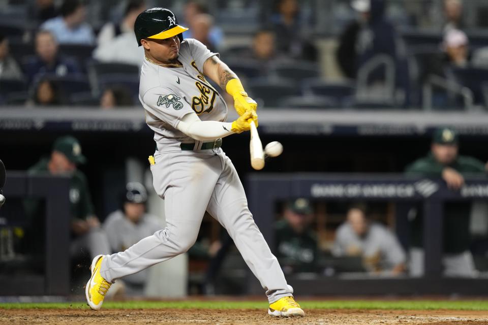 Oakland Athletics' Jordan Diaz hits a home run during the seventh inning of the team's baseball game against the New York Yankees on Tuesday, May 9, 2023, in New York. (AP Photo/Frank Franklin II)