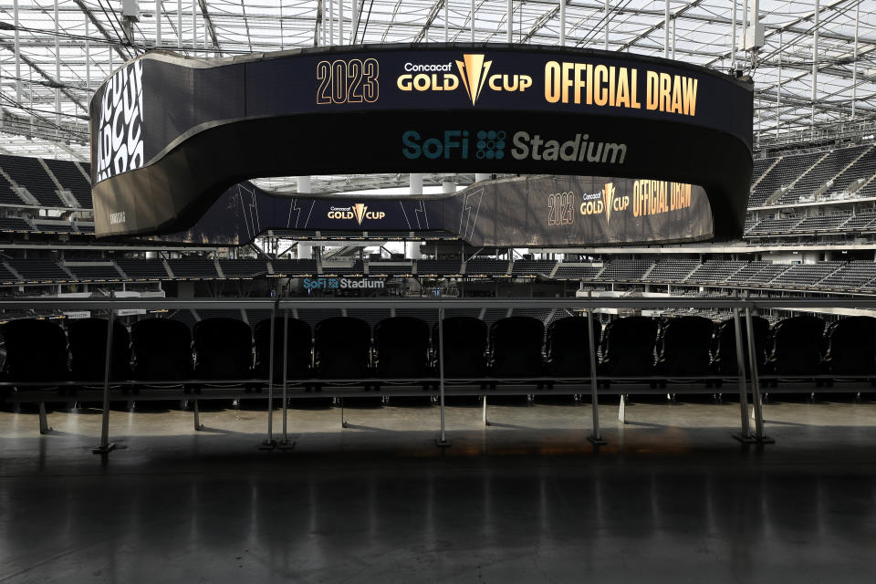 INGLEWOOD, CALIFORNIA - APRIL 14: Signage is displayed at the 2023 Concacaf Gold Cup Draw at SoFi Stadium on April 14, 2023 in Inglewood, California. (Photo by Meg Oliphant/Getty Images)