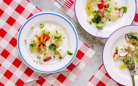 Raw seabass, shaved radishes and nasturtiums  - Credit: Haarala Hamilton