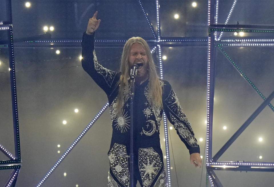 Sam Ryder from United Kingdom singing Space Man performs during the Grand Final of the Eurovision Song Contest at Palaolimpico arena, in Turin, Italy, Saturday, May 14, 2022. (AP Photo/Luca Bruno)