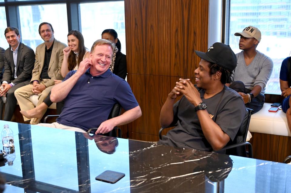 NFL Commissioner Roger Goodell and Jay were in good spirits at the Roc Nation and NFL partnership announcement at Roc Nation on Aug. 14, 2019, in N.Y.C.