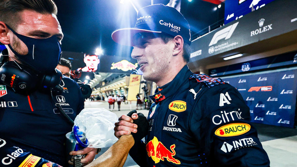 Red Bull's Max Verstappen (pictured) shaking hands after clinching pole position at the Bahrain GP.