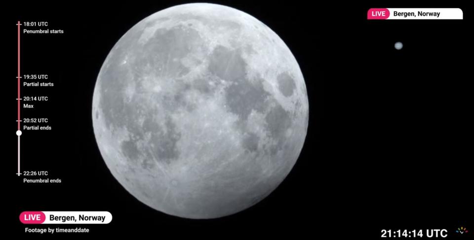 The moon with Jupiter during a partial lunar eclipse on Oct. 28, 2023.