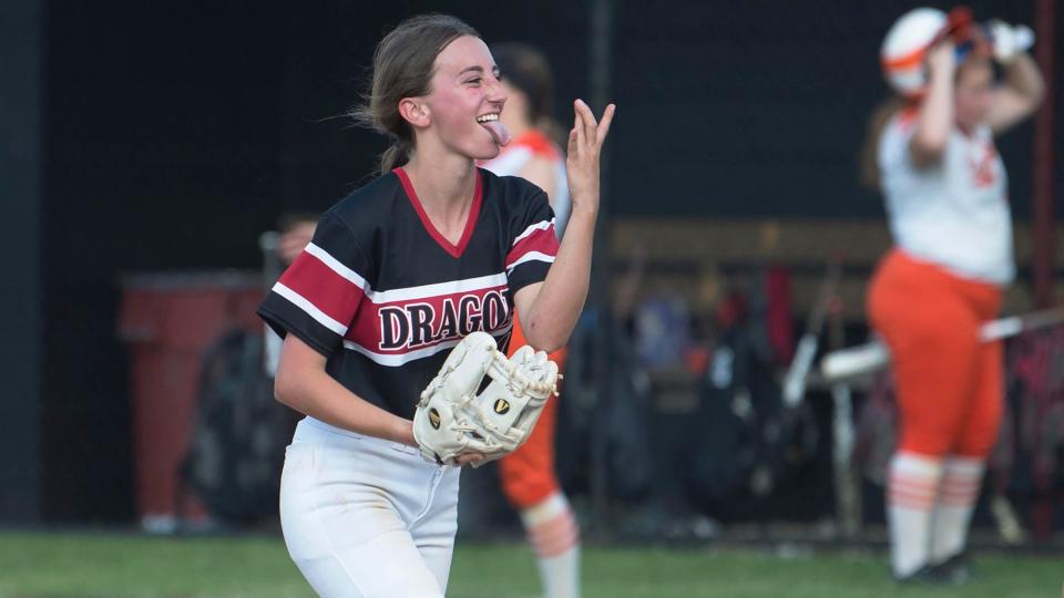 Kingsway's Brianna Sciulli celebrates after Kingsway defeated Cherokee, 9-4, in the South Jersey Group 4 quarterfinal softball playoff game played at Kingsway Regional High School in Woolwich Township on Thursday, May 19, 2022.