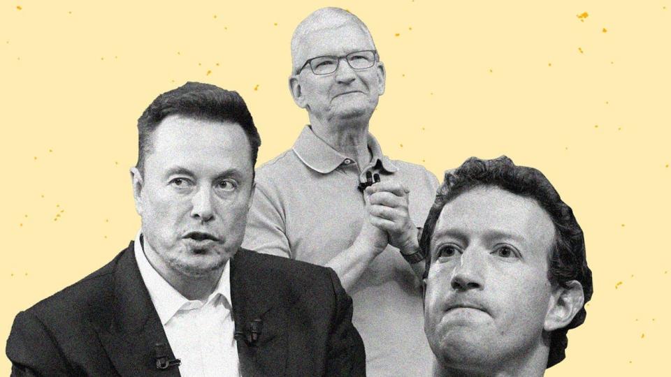 Mark Zuckerberg, Elon Musk, and Tim Cook against a yellow background.