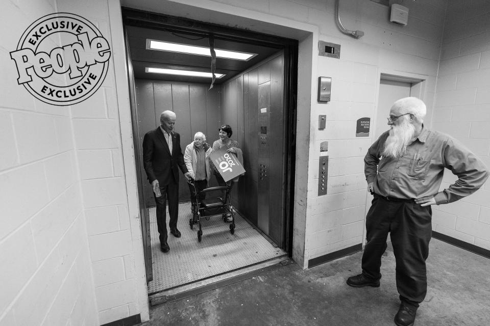 Biden exits the elevator after completing his last campaign event of his first trip to Iowa on April 30, 2019, at the Grand River Center in Dubuque.