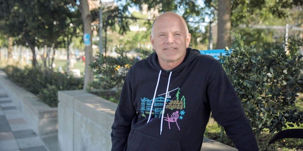 In this screengrab, Mike Novogratz poses in front of the camera wearing a black hoodie in a park on October 21, 2020.