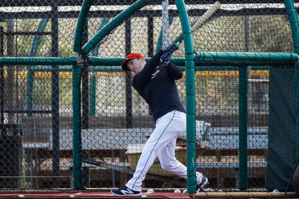 Detroit Tigers outfielder Mark Canha practices during spring training at TigerTown in Lakeland, Fla. on Monday, Feb. 19, 2024.