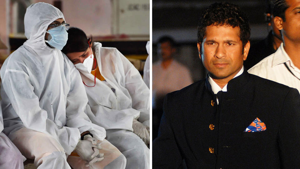 Indian cricket legend Sachin Tendulkar (pictured right) and two people mourning due to a death of Covid-19 in India.