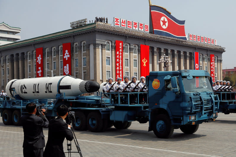 FILE PHOTO: A North Korean navy truck carries the 'Pukkuksong' submarine-launched ballistic missile (SLBM) during a military parade marking the 105th birth anniversary of country's founding father, Kim Il Sung in Pyongyang, April 15, 2017.</p>
<p>REUTERS/Damir Sagolj/File Photo