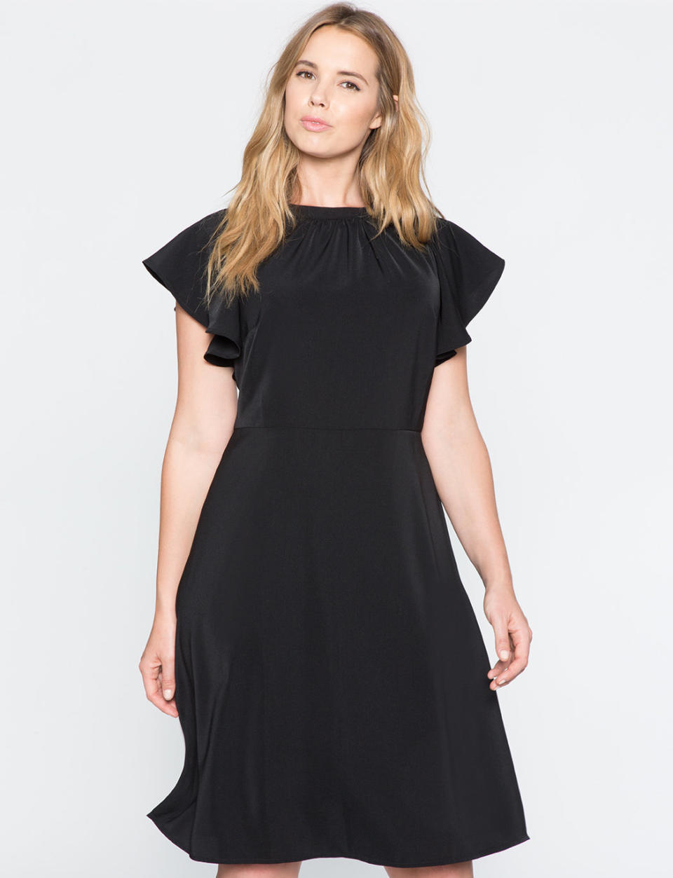 <a href="http://www.eloquii.com/flutter-sleeve-a-line-dress/12330051000014.html" target="_blank">Eloquii</a> Flutter Sleeve A-line Dress, now $99.90