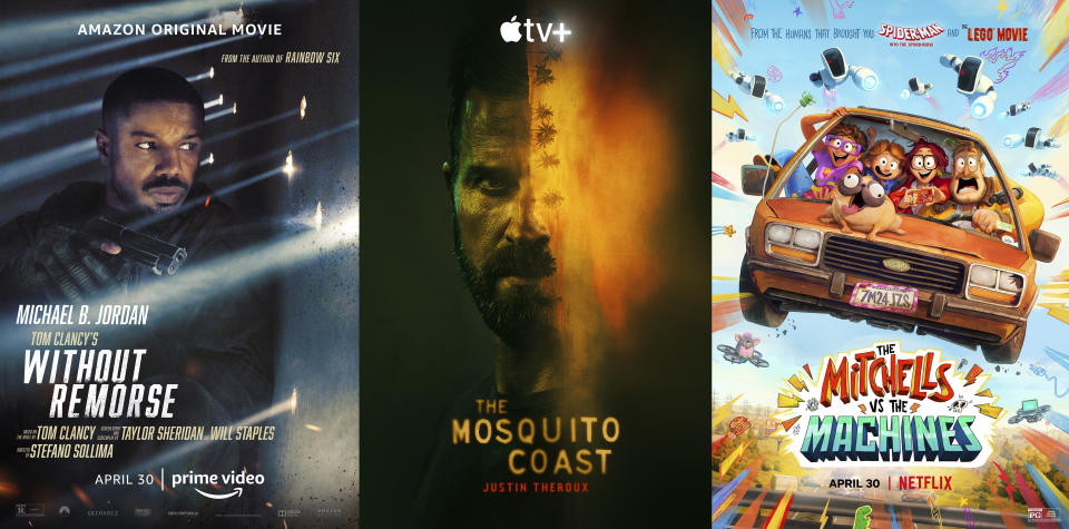 This combination of photos shows promotional art for, from left, "Tom Clancy's Without Remorse," a film premiering Friday on Amazon Prime, "The Mosquito Coast," a series premiering Friday on Apple TV Plus, and "The Mitchells vs the Machines," a film premiering Friday on Netflix. (Amazon/Apple TV+/Netflix via AP)