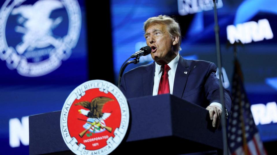 Former President Donald Trump speaks to NRA members at the group's Great American Outdoor Show, on Feb. 9, 2024 in Harrisburg, Pennsylvania