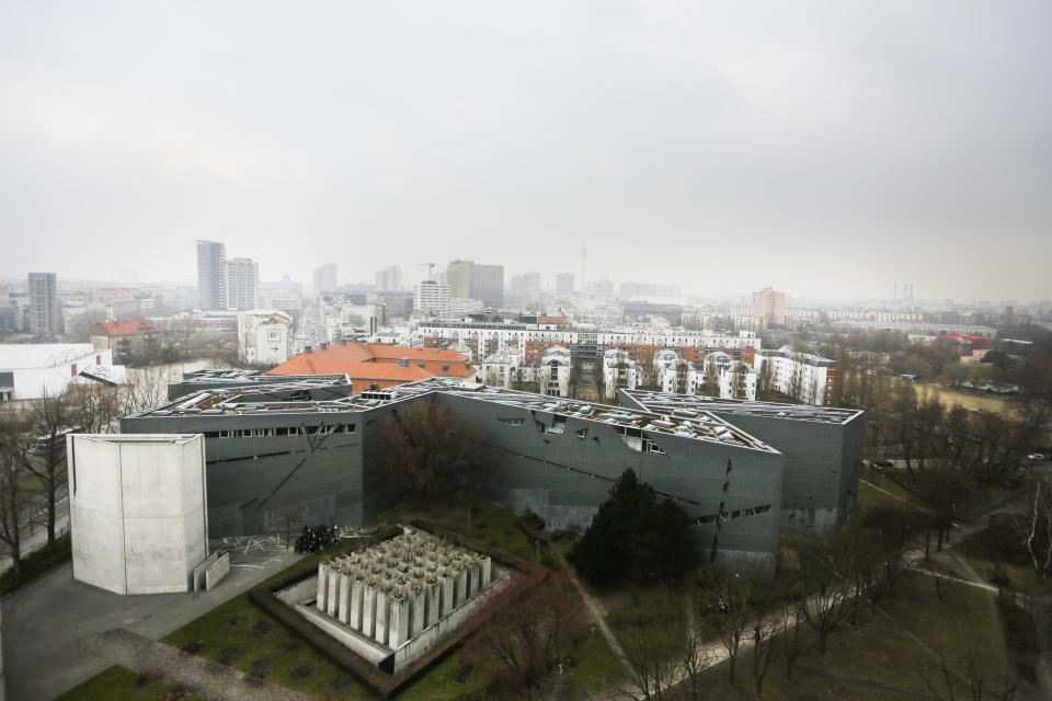 FILE - This Thursday, March 6, 2014 file photo shows an areial view of the Liebeskind building with the Garden of Exile in front of the Jewish Museum in Berlin. The epicenter of the Holocaust, the city where Hitler signed the death warrants of 6 million Jews, seems an unlikely candidate for the world’s fastest growing Jewish community. But despite this stigma of Nazism, Berlin’s dynamic, prosperous present and its rich, pre-World War II Jewish past initially attracted an influx from the former Soviet Union and has continued with the arrival of thousands of Israelis and smaller numbers of often young immigrants from Australia, France, the United States and elsewhere. (AP Photo/Markus Schreiber,File)