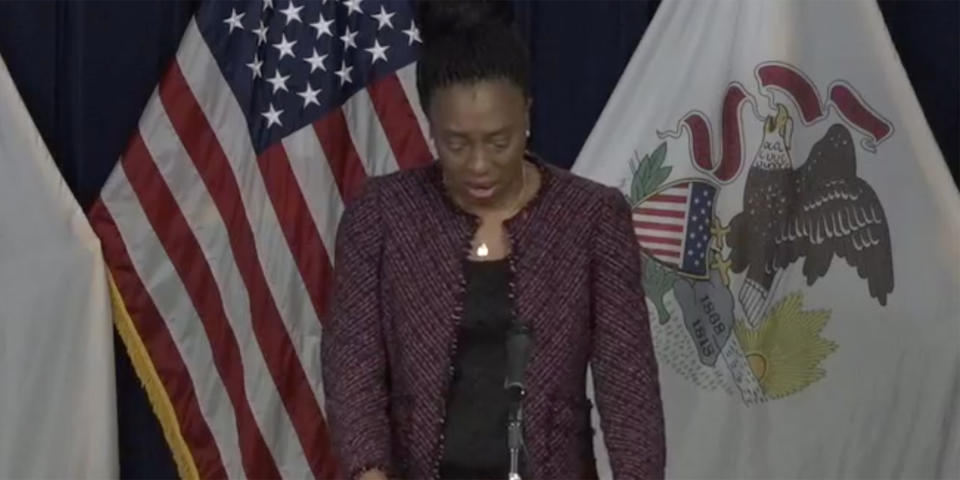 Dr. Ngozi Ezike, director of Illinois Department of Public Health, had to collect herself after she couldn't hold back tears when announcing COVID-19 death toll figures for the state at a briefing.  (Governor JB Pritzker/ Facebook)