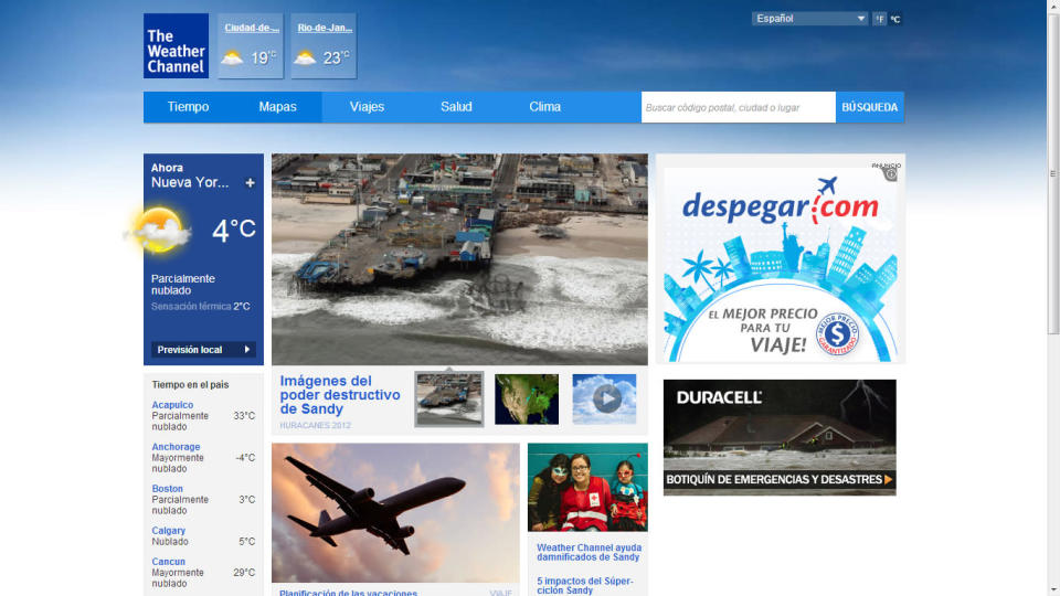 <b>2. The Weather Channel.</b> La versión en español de la popular página del clima, ofrece pronósticos extendidos de hasta 10 días, con proyecciones históricas de un mes. Tiene un buscador de localidades y podemos personalizarlo. También puede verse en celulares y tabletas, con las apps correspondientes para Android y iOS. <b>espanol.weather.com</b>