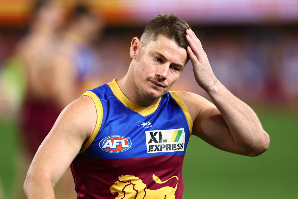 Pictured here, Brisbane skipper Dayne Zorko looks glum during his side's AFL defeat to Melbourne.