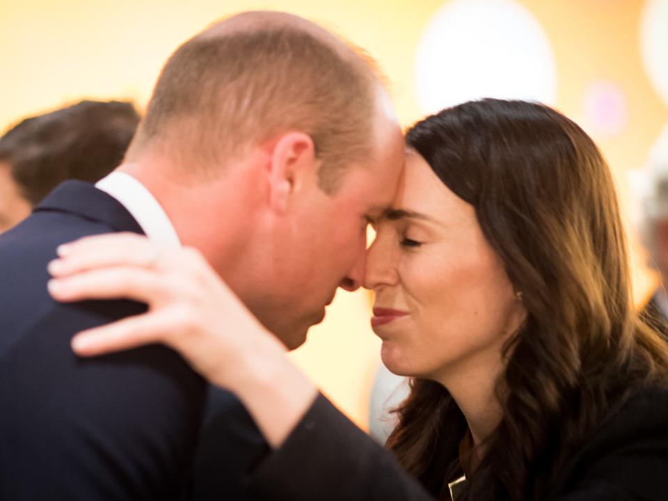 Prince William, Duke of Cambridge is greeted with a Hongi, a traditional Maori greeting, by Prime Minister Jacinda Ardern as they attend the Auckland Anzac Day Civic Service at the Auckland War Memorial Museum on April 25, 2019 in Auckland, New Zealand.