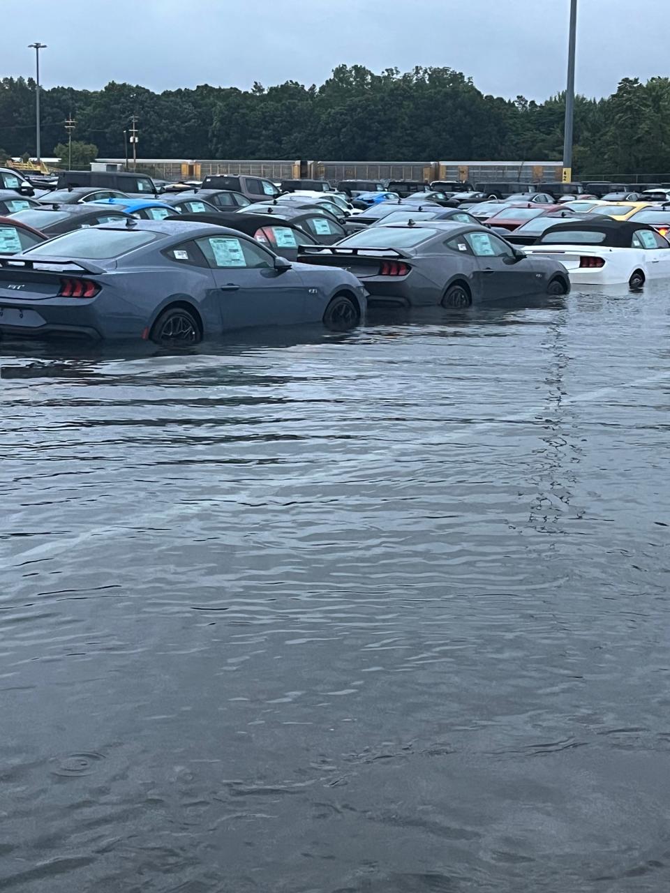 The 2024 Ford Mustang vehicles damaged by flooding, seen here in New Boston in Huron Charter Township in September 2023, have been donated to high school and college programs around the country designed to train techs for future jobs.