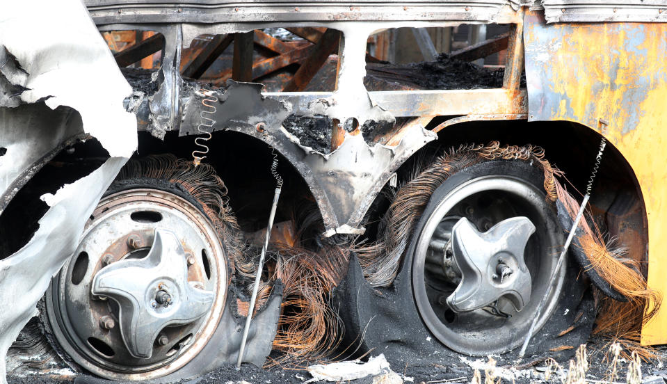 Burned wheels of music band tour bus