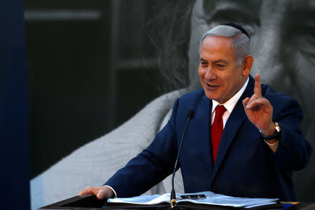 Israeli Prime Minister Benjamin Netanyahu speaks as he attends a state memorial ceremony for former Prime Minister Golda Meir at Mount Herzl cemetery in Jerusalem November 18, 2018. REUTERS/Ronen Zvulun