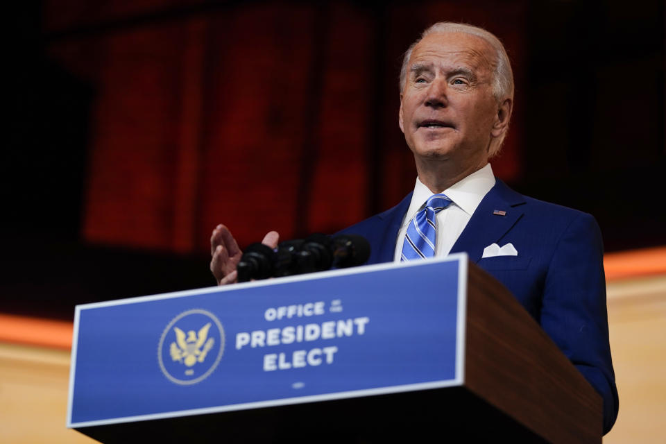 President-elect Joe Biden speaks Wednesday, Nov. 25, 2020, in Wilmington, Del. (AP Photo/Carolyn Kaster)