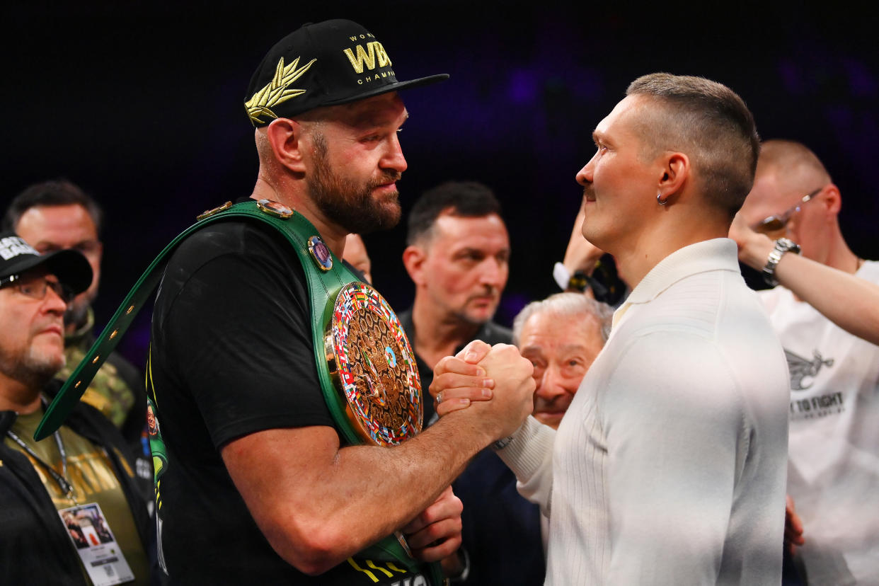 RIYADH, SAUDI ARABIA - OCTOBER 28: Tyson Fury and Oleksandr Usyk shake hands after the Heavyweight fight between Tyson Fury and Francis Ngannou at Boulevard Hall on October 28, 2023 in Riyadh, Saudi Arabia. (Photo by Justin Setterfield/Getty Images)