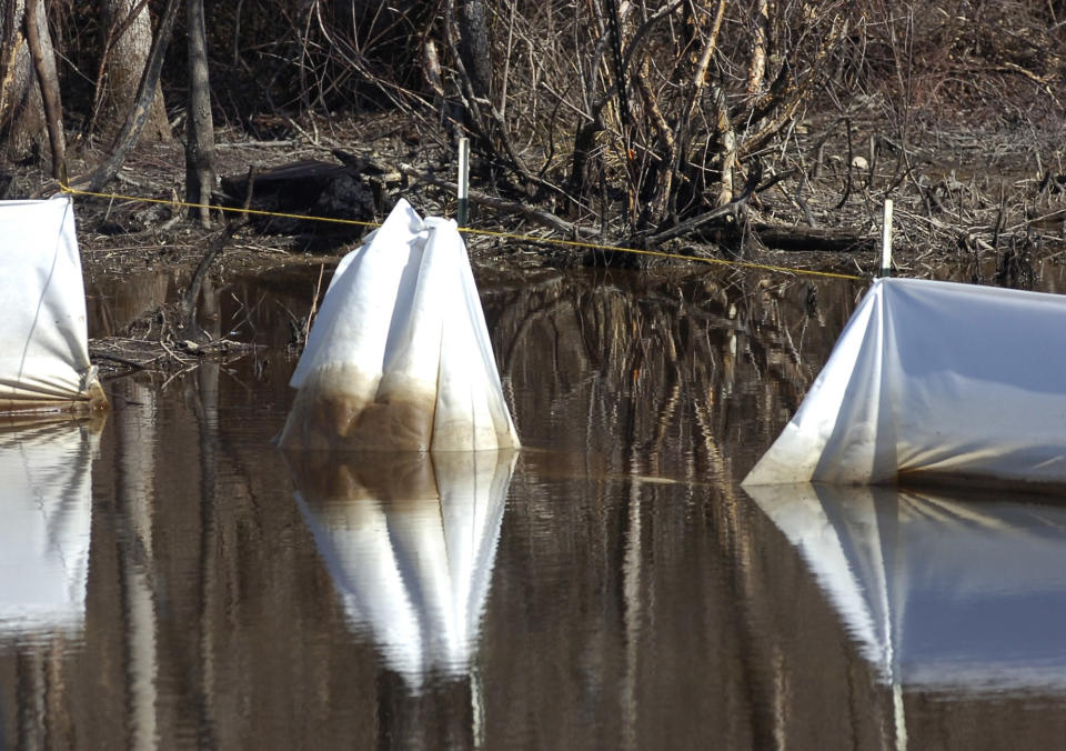 A barrier meant to contain spilled crude oil stands partially submerged in a swamp near Aliceville, Ala., on Wednesday, March 5, 2014. A tanker train carrying nearly 3 million gallons of oil derailed and burned at the site in November 2013, resulting in the pollution. Environmental regultors say cleanup and containment work is continuing, but critics contend the Alabama accident and others show the danger of transporting large amounts of oil in tanker trains. (AP Photo/Jay Reeves)