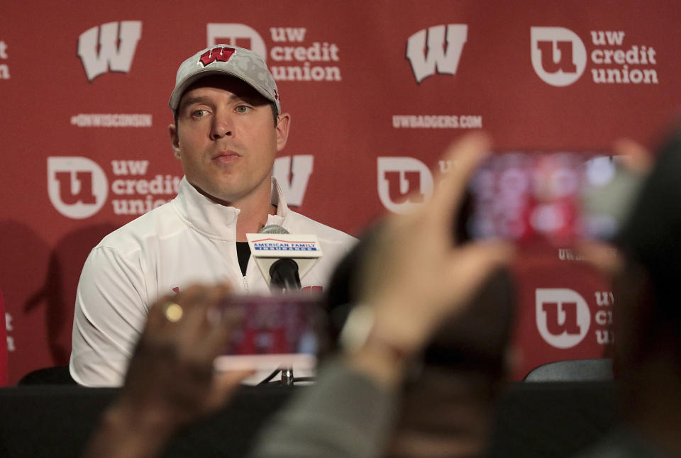 University of Wisconsin football defensive coordinator Jim Leonhard addresses reporters during a news conference announcing the firing of head coach Paul Chryst in Madison, Wis. Sunday, Oct. 2, 2022. Leonhard has been named the team's interim coach. (John Hart/Wisconsin State Journal via AP)
